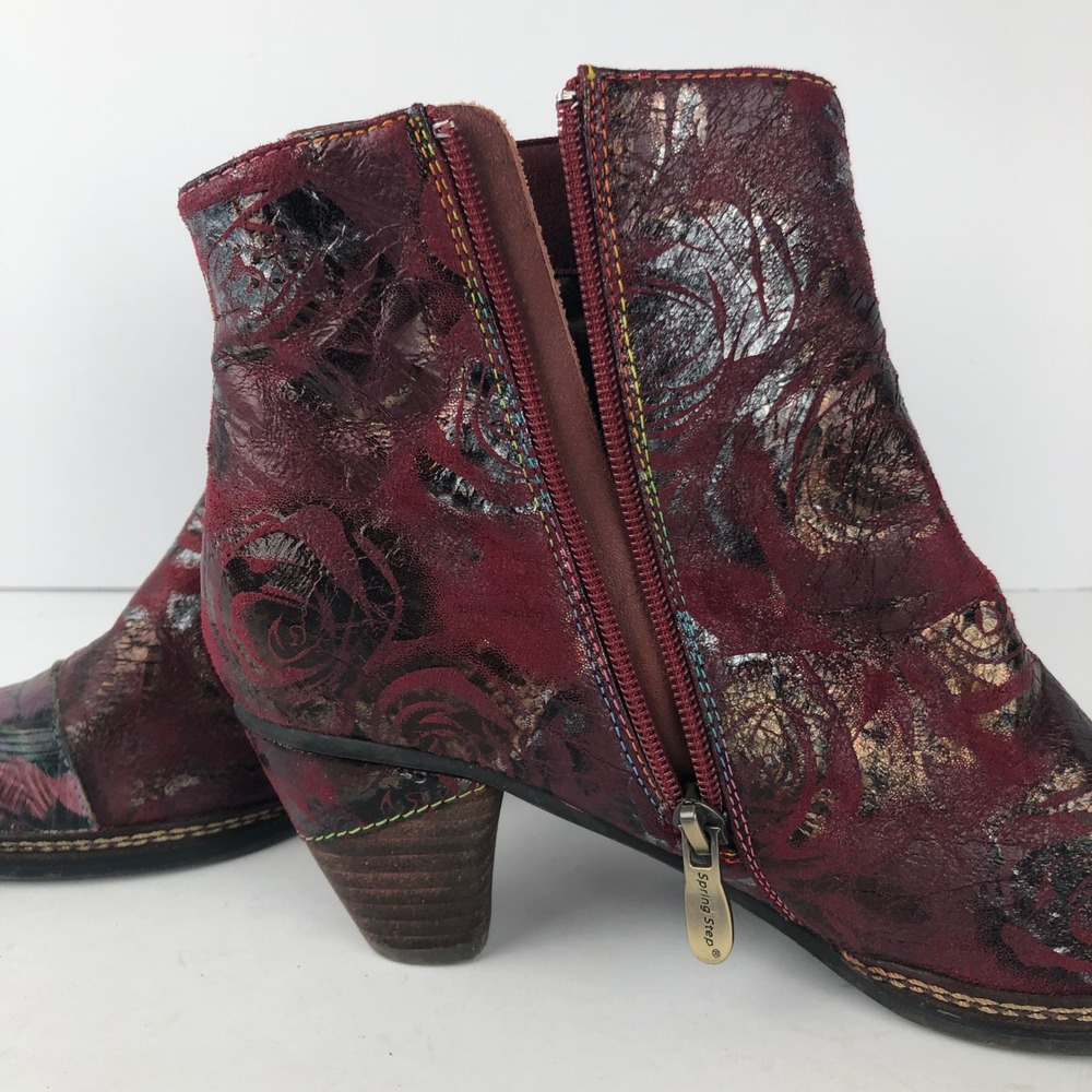 L'Artiste Spring Step Waterlily Floral Leather Ankle Boots Sz 39 Red Metallic - Picture 15 of 16